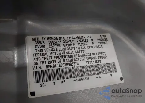 2003 Honda Odyssey Ex from USA, damaged, VIN 5FNRL18603B003273